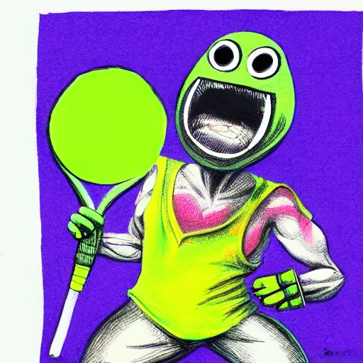 Prompt: a tennis ball monster, tennis ball, dark, chalky, super hero, digital art, fantasy, magic, trending on artstation, ultra detailed, professional illustration by Basil Gogos