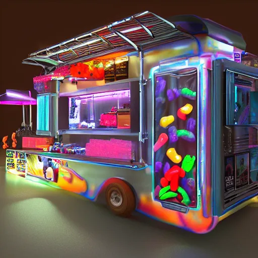 Image similar to a small edible gummi worm candy with cybernetics is for sale from a food truck. the candy is displayed with dramatic product lighting, pearlescent. in the background a dim alley is illuminated by the food truck. digital art, imax 7 0 mm, blade runner, sci - fi, fantasy, fairytale, 4 k, octane 3 d render, ue 5.