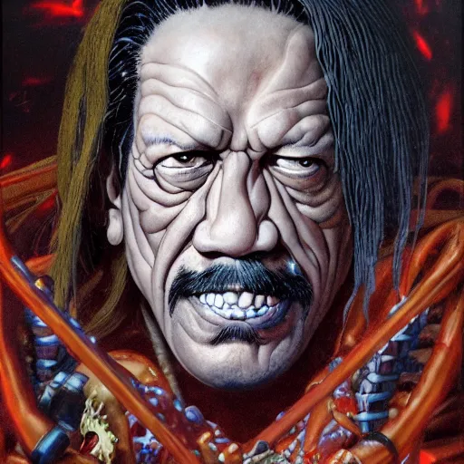 Prompt: prompt : danny trejo necromancer soft light painted by james jean and katsuhiro otomo and erik jones, inspired by akira anime, smooth face feature, intricate oil painting, high detail illustration, sharp high detail, manga and anime 1 9 9 9