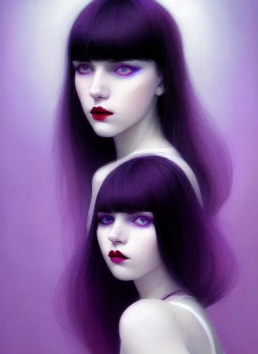 Prompt: portrait of pale teenage girl, red irises, black hair, white bangs, purple lipstick, white bangs, bangs, black hair and white bangs, intricate, elegant, glowing lights, highly detailed, digital painting, artstation, concept art, smooth, sharp focus, illustration, art by wlop, mars ravelo and greg rutkowski