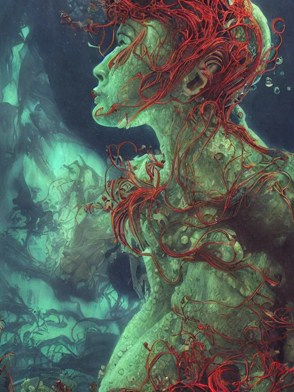 Image similar to ( underwater ) middle length portrait of a living goo on a ( glowing cyborg leshy girl ), cinematic light, looking to the side off camera, backlight glow, green bright red, mist, by mikhail vrubel, by philippe druillet, by peter elson, by gerald brom, muted colors, extreme detail, trending on artstation, 8 k