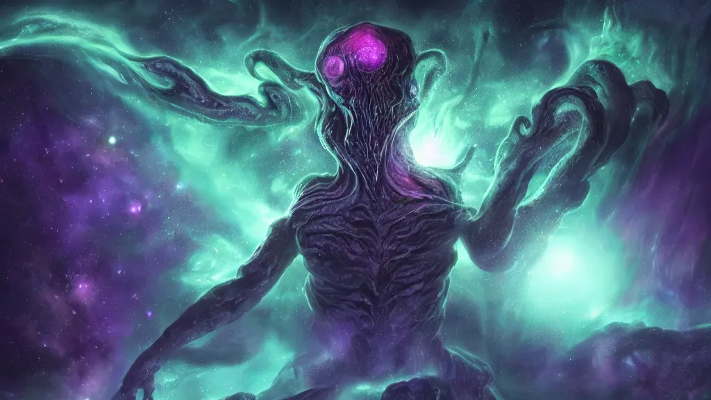 Image similar to cosmic cthulhu in dark space, nebula in background, by lovecraft, details face, detailed body, realistic body proportions, unreal engine, by popular digital artist, digital, artstation, detailed body, heavenly atmosphere, digital art, overdetailed art, trending on artstation, cgstudio, the most beautiful image ever created, dramatic, award winning artwork, beautiful scenery