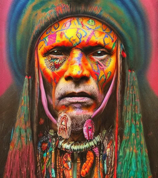 Image similar to Portrait painting in a style of Beksinski mixed with Alex Grey of an old shaman dressed in a colorful traditional clothes.