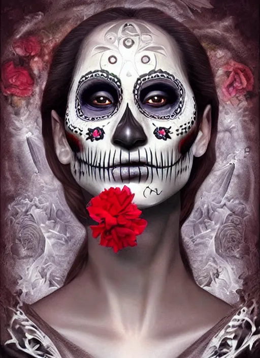 Image similar to dia de los muertos theme surrealist art in the styles of igor morski, jim warren, and giuseppe mastromatteo, intricate, hyperrealistic, accurate facial details, profile picture with chromakey!!!!! background, volumetric lighting