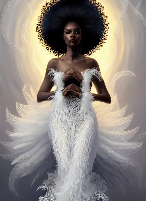 Image similar to full body portrait of beautiful black woman as the swan queen, glowing crown, beautiful flowy feathered gown, intricate white lilies, beautiful baroque lace detail, highly detailed, digital painting, artstation, concept art, smooth, sharp focus, illustration, art by wlop, mars ravelo and greg rutkowski