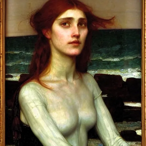 Prompt: Waterhouse, lady of shallot after Borg assimilation, detailed, ethereal , Oil painting H 768