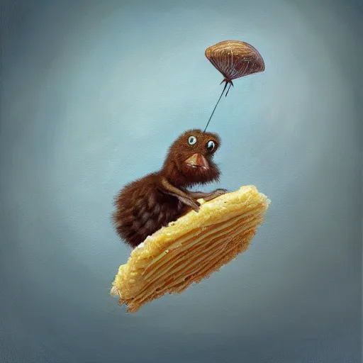 Prompt: a cartoon anthropomorphic pancake leaving the nest to fly for the first time, oil on canvas, portrait, intricate, 8k highly professionally detailed, HDR, CGsociety