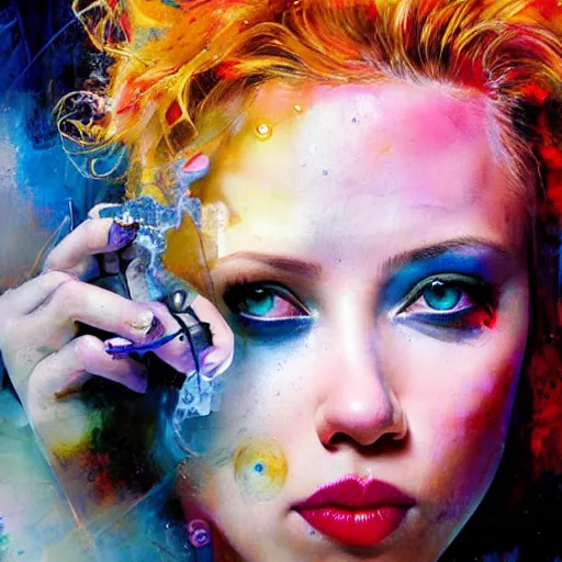 Prompt: drunken scarlett johansson as delirium from sandman, ( hallucinating colorful soap bubbles ), by jeremy mann, by sandra chevrier, by dave mckean and richard avedon and maciej kuciara, punk rock, tank girl, high detailed, 8 k