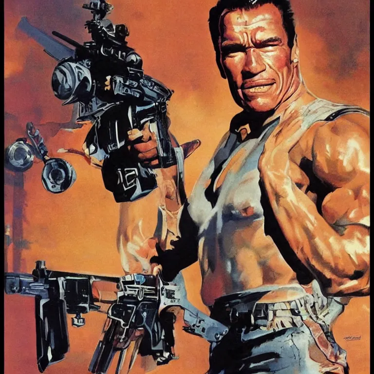 Prompt: scifi portrait of Arnold Schwarzenegger by Robert McGinnis, pulp comic style, circa 1958, photorealism