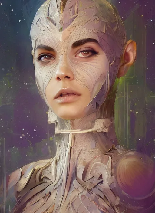 Image similar to a professional painting of a beautiful young female alien, clothed in ethereal armor, olive skin, long dark hair, beautiful bone structure, symmetrical facial features, intricate, elegant, digital painting, concept art, smooth, sharp focus, illustration, from Valerian and the City of a Thousand Planets, by Ruan Jia and Mandy Jurgens and Artgerm and William-Adolphe Bouguerea