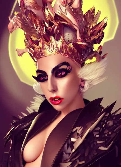 Prompt: lady gaga rendered in the style of characters from league of legends, au naturel, hyper detailed, digital art, trending in artstation, cinematic lighting, studio quality, smooth render, unreal engine 5 rendered, octane rendered, art style by klimt and nixeu and ian sprigger and wlop and krenz cushart