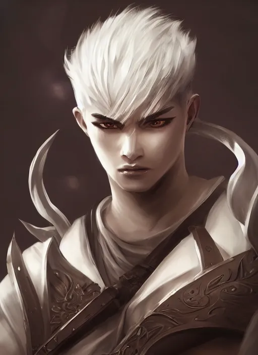 Prompt: a highly detailed illustration of fierce short white haired parted through the middle young attractive asian man, wearing hakama, with black sclera eyes, heroically battle posing, muscular, intricate, elegant, highly detailed, centered, digital painting, artstation, concept art, smooth, sharp focus, league of legends concept art, WLOP