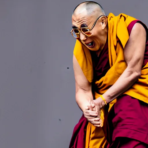 Image similar to furious screaming dalai lama punches the camera