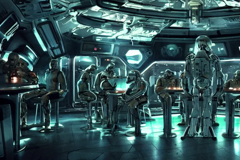 Image similar to sci-fi cinematography of cybernetic space soldiers sitting in an alien bar. By Emmanuel Lubezki