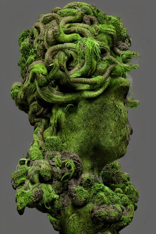 Prompt: giant medusa head of stone, mossy stone, deep jungle, octane render, unreal engine, trending on artstation, ultra detailed, realistic, cinematic lighting, astmopheric, 8 k