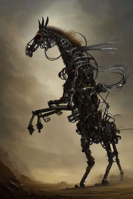 Image similar to 3 quarter view photography portrait of a biomechanical stalion horse illustrated by greg rutkowski and Akira Saito and Peter mohrbacher, boston dynamics, 4k,