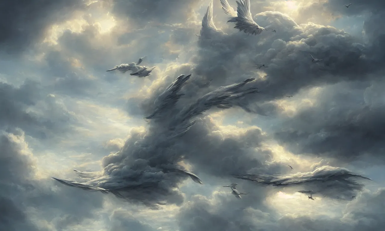 Image similar to a beautiful digital painting of a white ship merged in the clouds, birds flying in the sunlight, intircated tumultuous clouds, blue sky at sunset, elegant, highly detailed, artstation, concept art, matte, sharp focus, art by tom bagshaw, kelogsloops and greg rutkowski