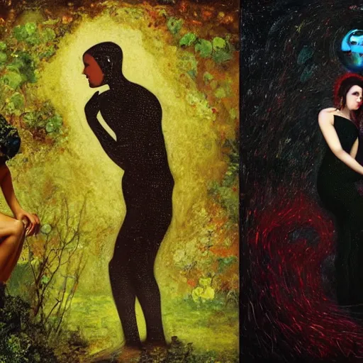 Image similar to two lover figures in black, in a dark void, channeling third eye energy, surrounded by a background of cyber mystic garden of earthly delights, midnight hour, painted part by wojciech siudmak, part by ilya repin, part by norman rockwell, part by zhang jingna, artstation