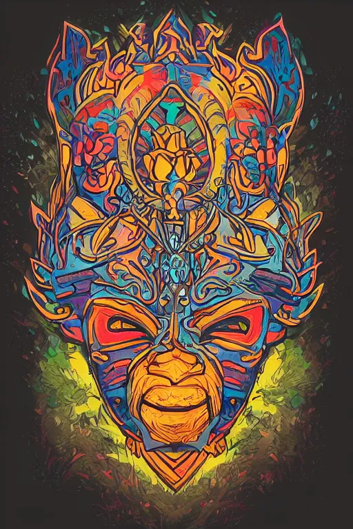 Image similar to animal mask totem roots flower tribal feather gemstone plant wood rock shaman vodoo video game vector cutout illustration vivid multicolor borderlands comics by josan gonzales and dan mumford radiating a glowing aura