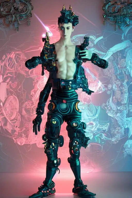 Image similar to full-body rococo and cyberpunk style sculpture of a young handsome Spanish prince half android with a chest exposing a glowing orange gem, glowing pink laser eyes, crown of blue gears and giant diamonds, swirling salmon-colored silk fabric, robotic raptors dinosaurs. baroque elements. full-length view. intricate artwork by caravaggio. Trending on artstation, octane render, cinematic lighting from the right, hyper realism, octane render, 8k, depth of field, 3D