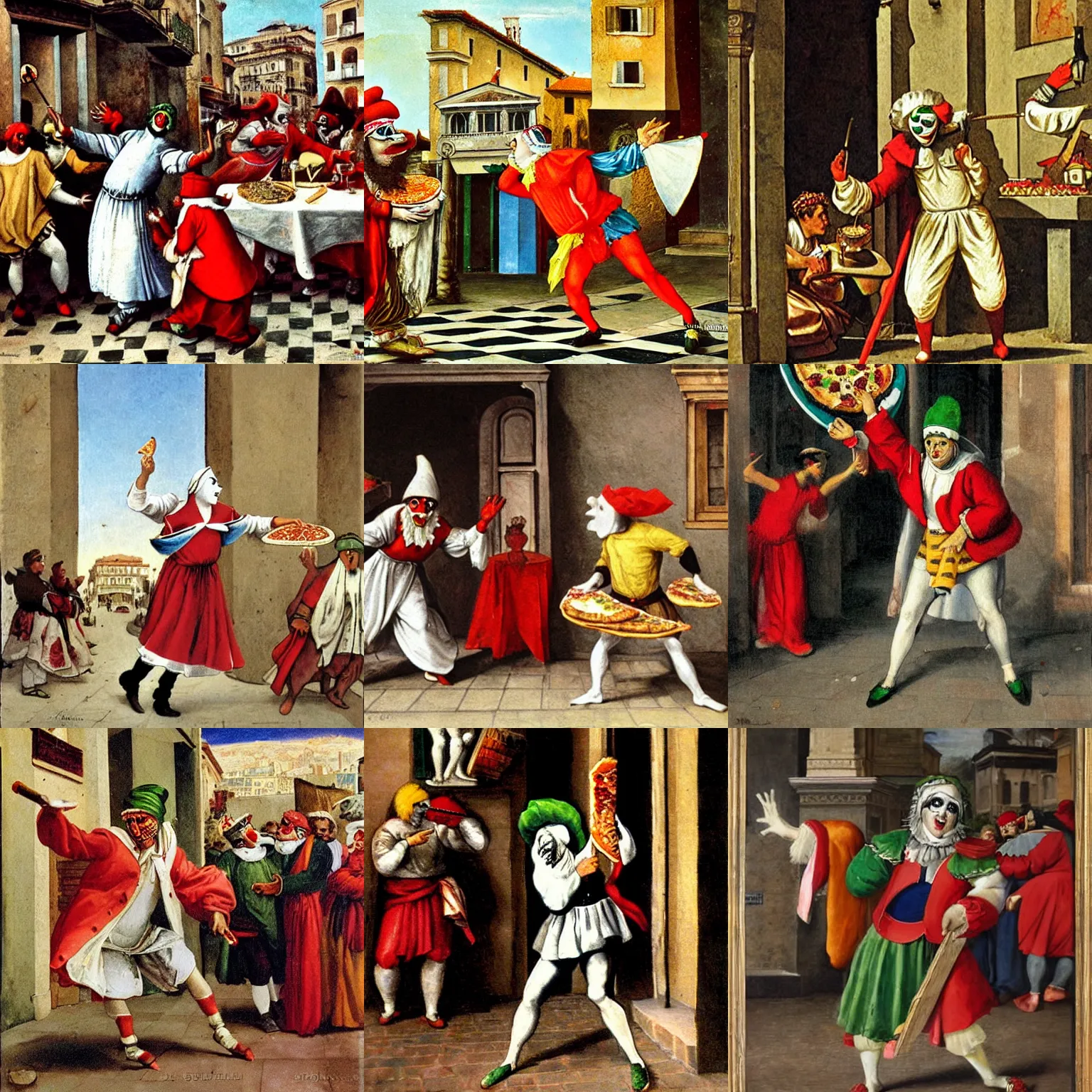 Prompt: pulcinella dancing in the street of naples with a pizza margherita, painting by silvio fiorillo, from commedia dell'arte