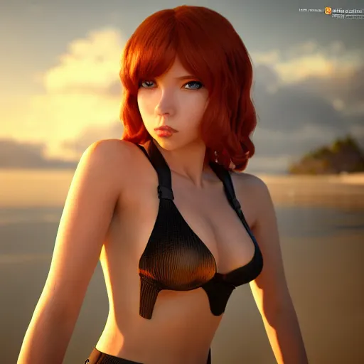 Image similar to black widow as a render of a very beautiful 3d anime girl, long hair, hazel eyes, cute freckles, full round face, short smile, cute sundress, golden hour, serene beach setting, medium shot, mid-shot, highly detailed, trending on Artstation, Unreal Engine 4k