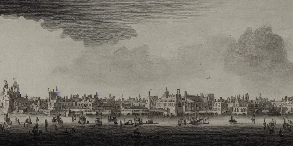 Image similar to illustration, 18th Century London, city buildings on top of tall bridge structure, over the ocean, tall arches, fading off to the horizon