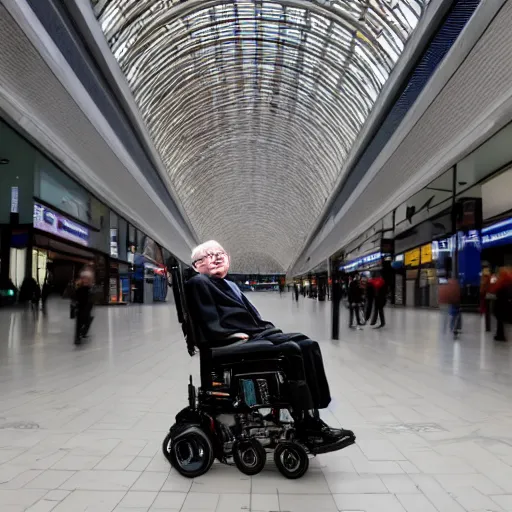 Image similar to Stephen Hawking getting lost in the mall, photography, high resolution 8k,