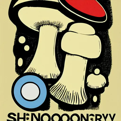 Image similar to Spencers Shroomery logo. Mushroom theme retro styling, circular design, by ivan chermayeff