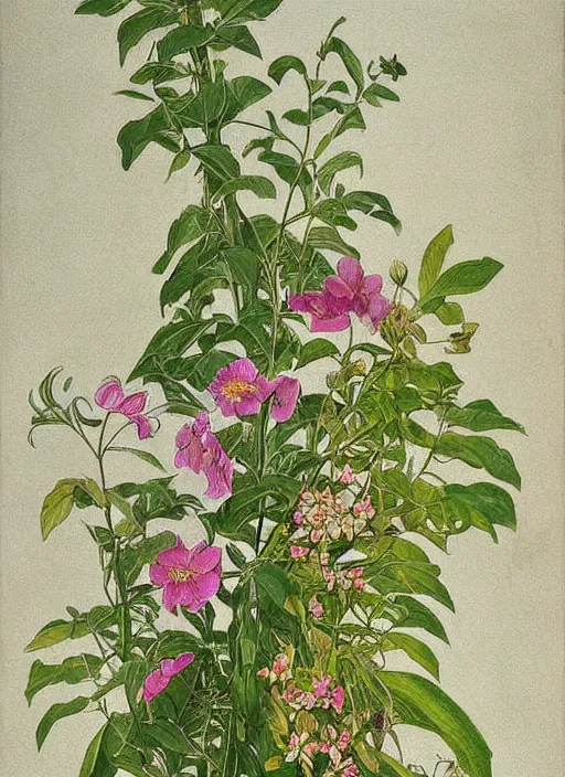 Prompt: beautiful mysterious plants and flowers ; botanical poster art by frederick edward hulme ; detailed painting