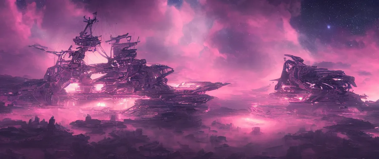 Prompt: space pirate neon ship, portrait big punk, pink, mohawk, beautiful clear faces by tom bagshaw, arcteryx, space, hyperdetailed illustration, stars, neon, oil painting, rich deep colors masterpiece, ultra detailed, contrast, heaven pink, clouds, volumetric light, atmospheric lighting, dramatic, cinematic, moody, octane render 4 k, 8 k