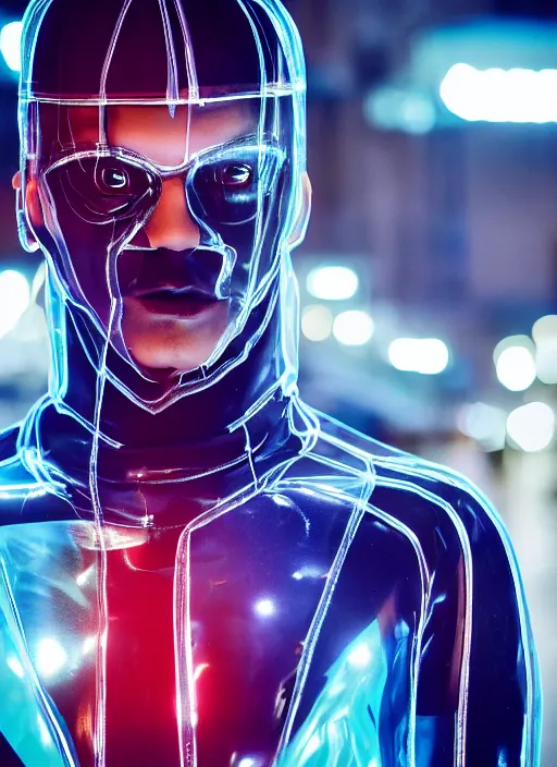 Image similar to a close-up of cyberpunk model man with black eyes and visible face wearing latex catsuit and lots of transparent and cellophane accessories, blue hour, twilight, cool, portrait, Kodachrome, ISO1200,