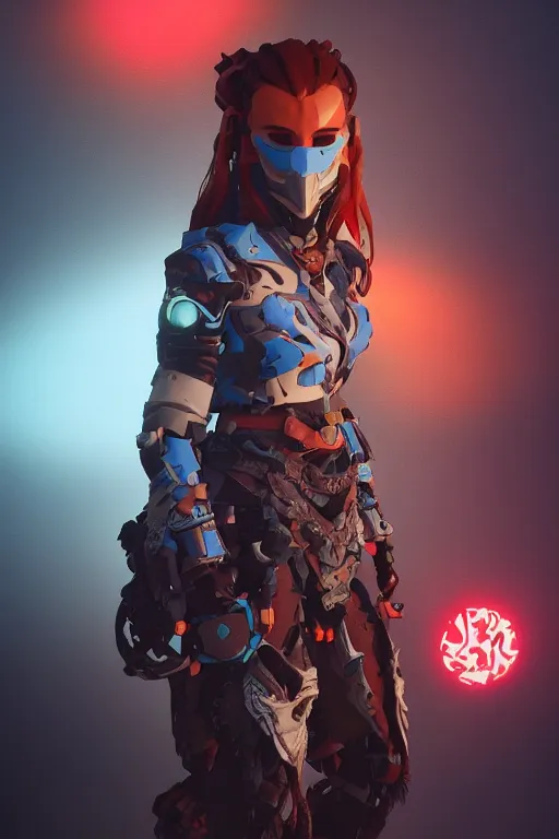 Image similar to combination suit armor aloy horizon forbidden west horizon zero dawn robot ninja mask helmet backpack tribal, aesthetic octane render, 8 k hd resolution, by ilya kuvshinov and cushart krentz and gilleard james radiating a glowing aura cgi rtx 2 0 2 2