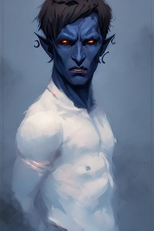 Prompt: character design portrait of a sad dark blue tiefling boy with horns and dark hair and pitch black hollow eyes by Greg Rutkowski