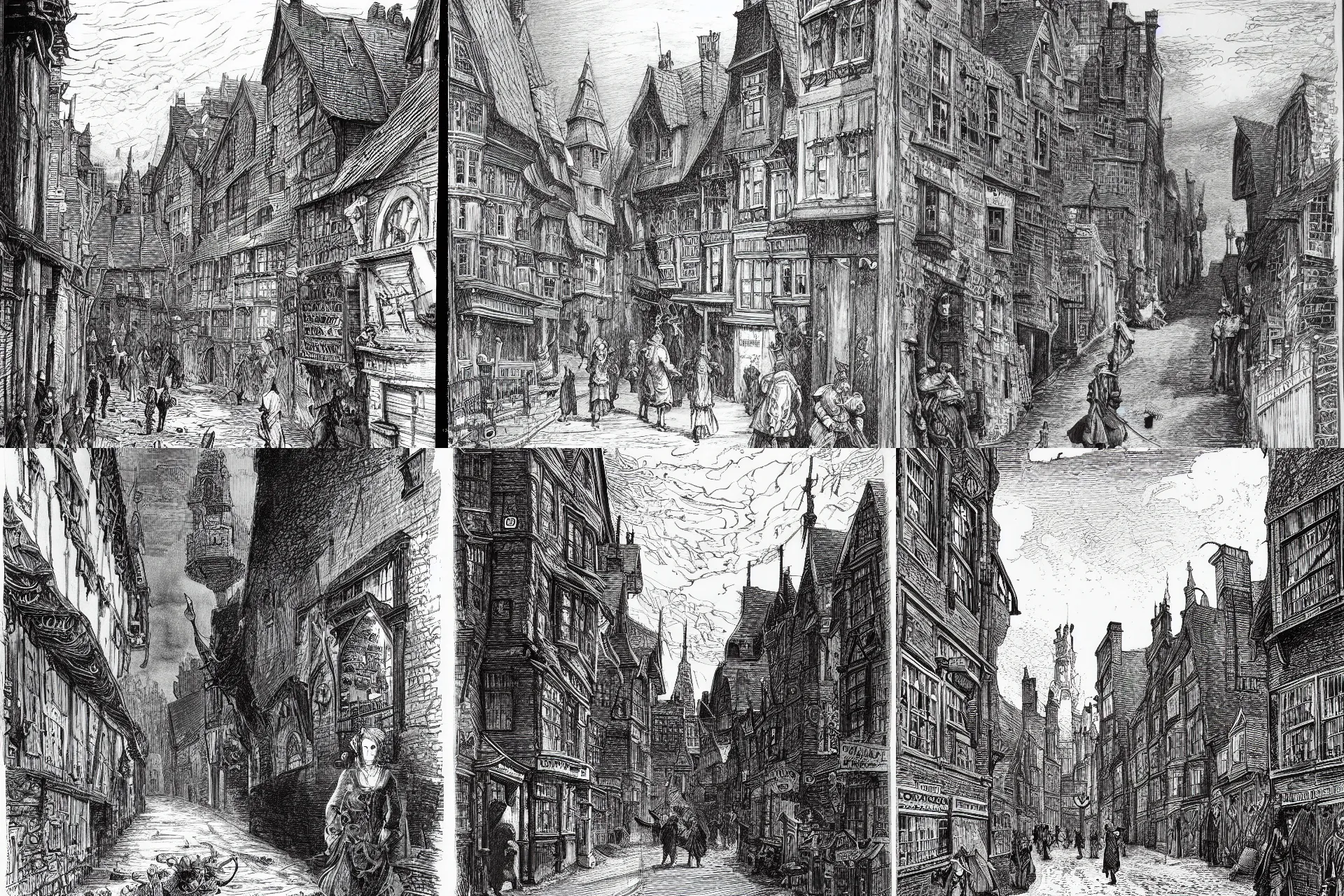 Prompt: a black and white illustration of the streets of victorian london by bernie wrightson, ian miller, gustave dore, albrecht durer, storybook illustration, highly detailed, pen and ink on paper