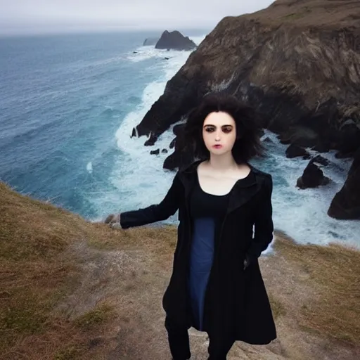 Prompt: 1 7 - year - old pale - skinned persian girl with black long bob cut, black gothic jacket, blue jeans, psychic girl, psychokinetic girl, standing on cliff along the irish coast, overcast gray skies, ultra - realistic, sharp details, subsurface scattering, intricate details, art by william - adolphe bouguereau