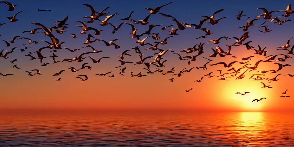 Image similar to seagulls flying over the ocean during the sunset, realistic