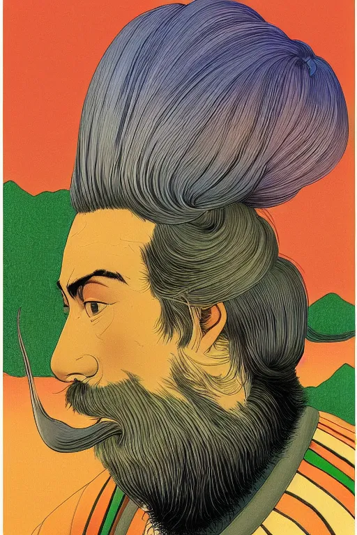 Prompt: a colorful closeup portrait of a handsome young bald man with a very long wild beard and handlebar moustache riding a motorcycle and dreaming psychedelic hallucinations in the overgrown landscape of amazon jungle, by kawase hasui, moebius and edward hopper, colorful flat surreal design, hd, 8 k, artstation