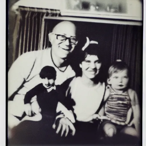 Image similar to An old polaroid portraying an happy family with freddy fazbear on the background