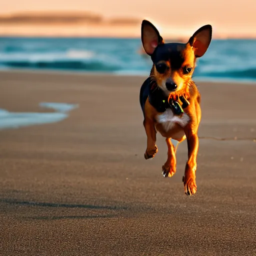 Image similar to high quality action photograph of a black and tan chihuahua running along a beach at sunset, boats in the background, golden hour, beautiful light, seaside, seashore, 2 0 0 mm, f 4, canon, nikon, flickr, 5 0 0 px, behance, award winning photograph
