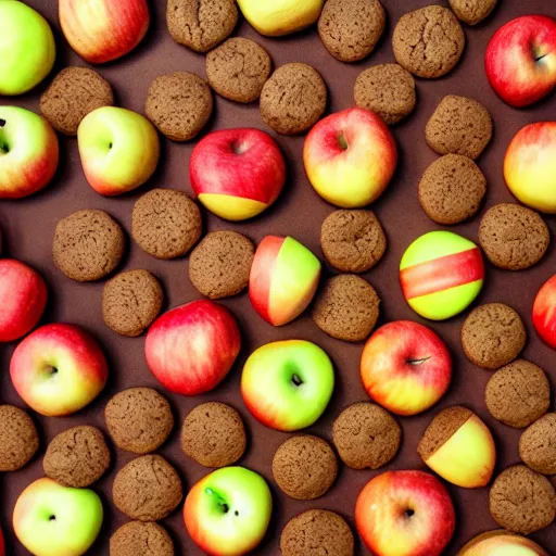 Image similar to cookies intertwined with apples, explosion, extreme intensity, fantastic landscape