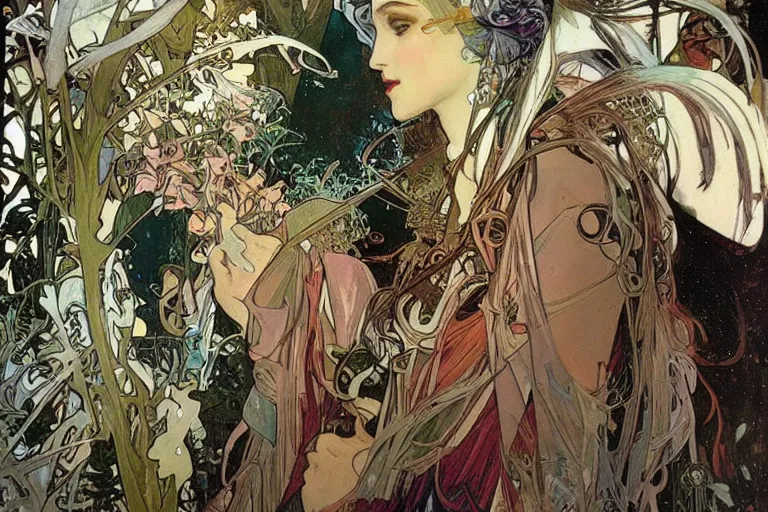 Image similar to Winter goddess by alphonse mucha, john berkey, covered in graphitti by banksy, basquiat, cleon peterson, dramatic cinematic lighting, manicured solarpunk greenery, high fashion futuristic people walk past