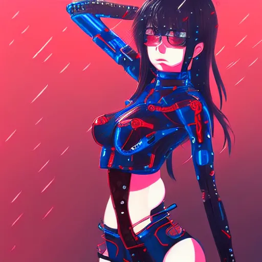 Image similar to seductive female cyborg, in the rain, highly detailed, painting, dark red, azure blue and black color palette, intricate, high quality anime artstyle, in the style of sana takeda