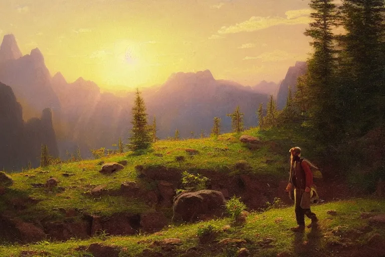 Prompt: a traveler wandering trough the mountains looking at the clouds, very detailed, focused, oil painting, cinematic lighting, albert bierstadt, trending on artstation, colorful, canvas, sunset, hans dahl, theodor kittelsen, hermann hendrich, national geographic, Konstantin Yakovlevich Kryzhitsky, beautiful nature