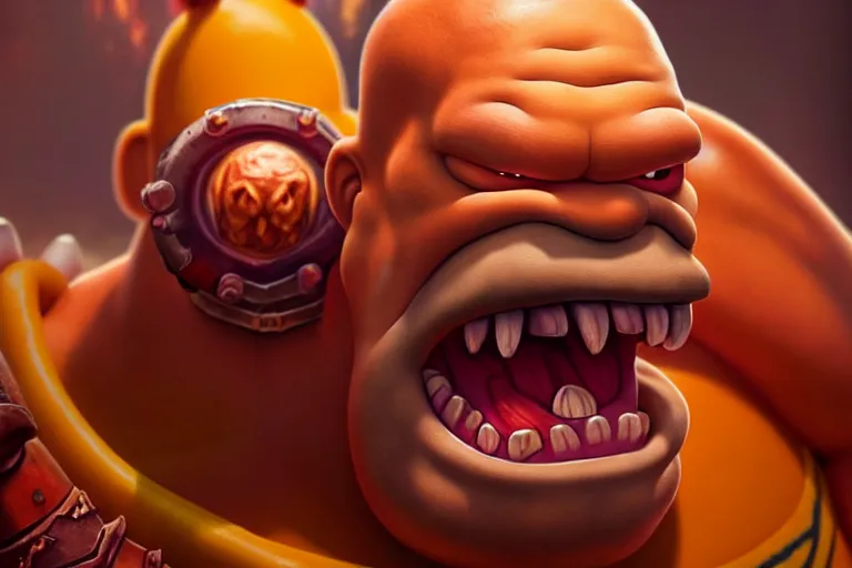 Image similar to a very detailed art of homer simpson mixed with garrosh hellscream from warcraft trending on artstation, digital art, 4 k, hyper realistic, octane render, sharp focus