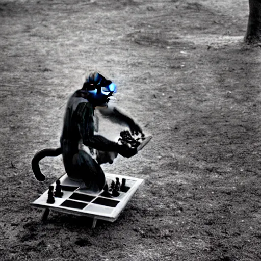 Image similar to black and white portrait photo of a monkey playing chess in a park by annie liebovitz,