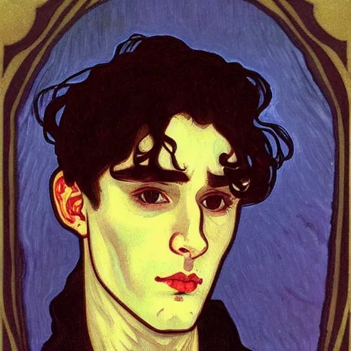Image similar to painting of young cute handsome beautiful dark medium wavy hair man in his 2 0 s named shadow taehyung at the halloween pumpkin party, somber, depressed, melancholy, sad, elegant, clear, painting, stylized, delicate, soft facial features, delicate facial features, soft art, art by alphonse mucha, vincent van gogh, egon schiele