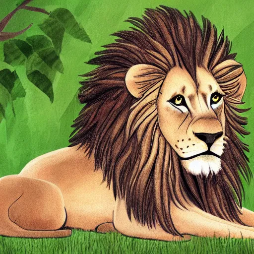 Prompt: Lion resting in the shade, thick outlined Cartoon for children's book 2-4 years, ArtStation, sharp focus, 4k