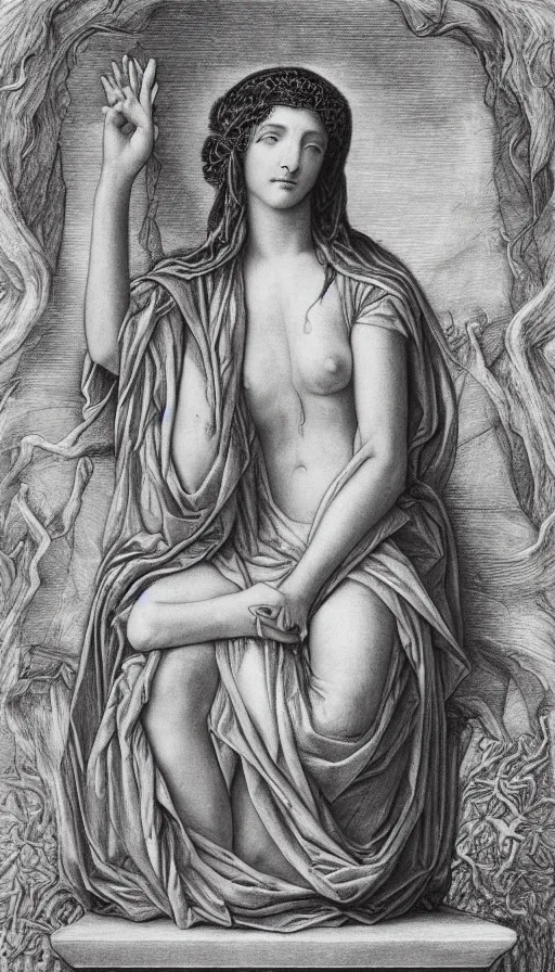 Prompt: the empress by evelyn de morgan, black and white graphite drawing, fertility, nature, sitting in a stone throne