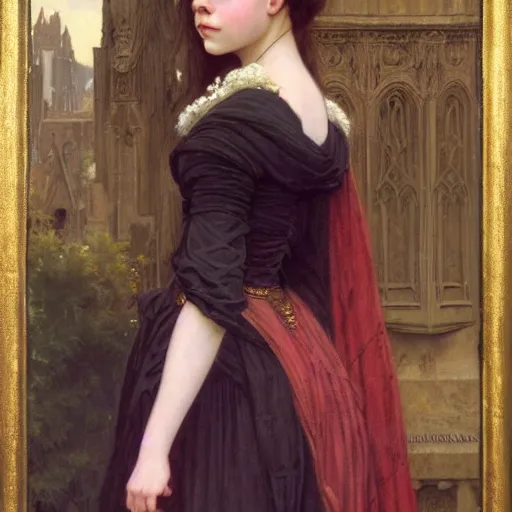 Prompt: detailed portrait painting of a princess who resembles Anya Taylor Joy, Chloe Grace Moretz, and Emma Watson in a steampunk cathedral by Michael Whelan, William Adolphe Bouguereau, John Williams Waterhouse,